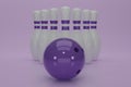 3d render purple bowling ball crashing into the pins on light purple background. Concept of success and win. 3D rendering Royalty Free Stock Photo