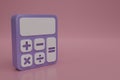 3d render purple calculator icon on pink background. Cartoon minimal calculator style. Math device. Financial analytics, 3d