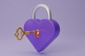 3D render purple metal heart-shaped Padlock icon with gold key isolated on purple background. Minimal magenta lock with a golden Royalty Free Stock Photo