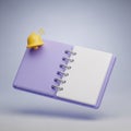 3D Render of a Purple Open Notebook with a Yellow Bell Notification Icon notepad journal Royalty Free Stock Photo