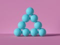 3d render, pyramid of blue balls isolated on pink background. Billiards game. Primitive geometric shapes. Loss metaphor.