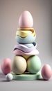 3d render of pyramid made of multicolored eggs on grey background