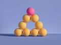 3d render, pyramid of yellow balls isolated on violet background. Billiards game. Primitive geometric shapes. One of a kind.