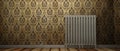 3D render of a radiator on a wood floor and against a damp wall