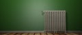 3D render of a radiator on a wood floor and against a green wall