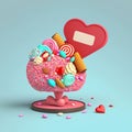 3D Render of Realistic Candies Heart Tree Or Stand And Frame Space For Text