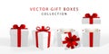 3D render realistic gift box with red bow. Paper box with red ribbon and shadow isolated on white background. Vector illustration Royalty Free Stock Photo