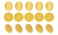 3D render of realistic gold coin icons of dollar, euro, pound, yen and ruble Royalty Free Stock Photo