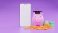 3D render of realistic pink piggy bank pig front with stack of dollar coins and smartphone Royalty Free Stock Photo