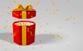 3D render realistic red gift box with yellow bow. Paper box with red ribbon and shadow isolated on gray background. Vector Royalty Free Stock Photo