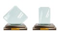 3d render, realistic set glass award trophy or winner prize on wooden pedestal, front view. Mockup blank crystal rhombus Royalty Free Stock Photo