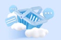 3d render realistic shopping cart, clouds and social icons. Vector