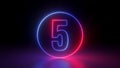 3d render, red blue neon number seven five inside the linear round frame glowing in the dark, isolated on black background