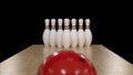 3d render Red bowling ball on a black background with pins Royalty Free Stock Photo