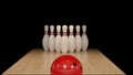 3d render Red bowling ball on a black background with pins Royalty Free Stock Photo