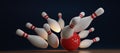 3d render red bowling ball crashing into the pins on dark blue background. Bowling ball striking against pins. Concept of success Royalty Free Stock Photo