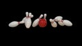 3d render Red bowling ball strike on a black background with pins Royalty Free Stock Photo