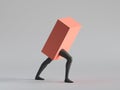 3d render, Red box with black human mannequin legs walk, isolated on white background. Abstract minimal surreal concept