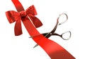 3d render of a red gift ribbon with scissors isolated on white Royalty Free Stock Photo