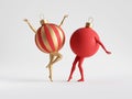 3d render. Red gold Christmas ball ornaments with mannequin legs dance. Abstract colorful seasonal clip art