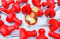 Red and gold pushpin, Realistic 3d push pins pinned in different angles