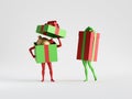 3d render. Red green Christmas gift boxes with mannequin legs. Abstract colorful seasonal clip art isolated on white background.