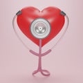 3D render red heart with a medical stethoscope isolate on pink background. Blood pressure control. Heart and heartbeat. Healthcare