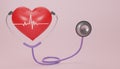 3D render red heart with a medical stethoscope isolate on pink background. Blood pressure control. Heart and heartbeat. Healthcare