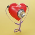 3D render red heart with a medical stethoscope isolate on yellow background. Blood pressure control. Heart and heartbeat.