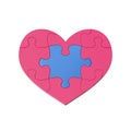 3d Render, Red Heart Puzzle With Blue Central Piece, Clip Art Isolated On White Background.