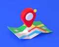 3d render red location pin over map with route Royalty Free Stock Photo