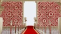 Red luxury carpet with gold barriers leading to arabesque background