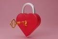 3D render red metal heart-shaped Padlock icon with gold key isolated on pink background. Minimal red lock with a golden key. 3d Royalty Free Stock Photo