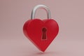 3D render red metal heart-shaped Padlock icon isolated on pink background. Minimal red lock side view. 3d rendering illustration