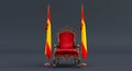 Red royal chair on a dark background betwin two flags, Sweden flag state symbol, flag of Sweden hanging on a flag pole