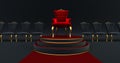 Red royal chair on a pedestal. Red carpet leading to the luxurious throne, Place for the king. Royal throne