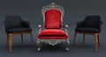 red royal throne with Modern black armchairs isolated on black background, Leadership concep Royalty Free Stock Photo