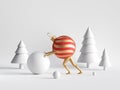 3d render. Red striped Christmas ball cartoon character with golden mannequin legs plays snow balls in winter forest. Royalty Free Stock Photo