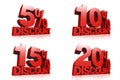 3D render red text 5, 10, 15, 20 percent discount