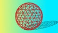 3d render Red wireframe sphere or circle with shadow isolated on yellow and blue background.
