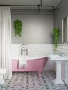 3d render of a retro boho grey bathroom with glossy white tiles and a pink vintage clawffot barhtub