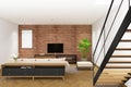 3d render of retro living room with staircase decoration and frames mockup. Red brick backgroundt 9et 8