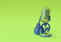 3D Render Retro microphone on short leg and stand with Guitar and Headphone 3D Illustration Design