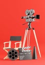 retro movie camera with reel film, clapper board, director Chair, megaphone Royalty Free Stock Photo