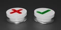 3D render right or wrong button isolate on black background. Checkmark and X mark icon set. Checkmark right symbol, tick sign.