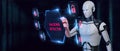 3d render.Robot pressing button on virtual screen Hacking detected Royalty Free Stock Photo