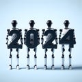 3d render of robot team with 2024 New Year text on blue background, artificial intelligence concept, generative ai