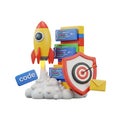 3D render of a rocket launching with code blocks, shield, target, and envelope on white background Royalty Free Stock Photo