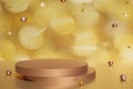 3d render of rose gold podium and flying gold Christmas balls and stars on a golden bokeh background