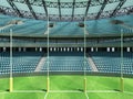 3D render of a round Australian rules football stadium with sky blue chairs
